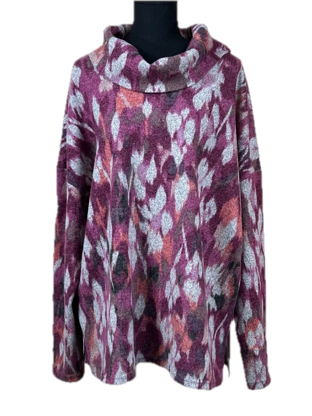 Tribal Red Plum Floral Cowl Neck Long Sleeve Soft Top Size XXL